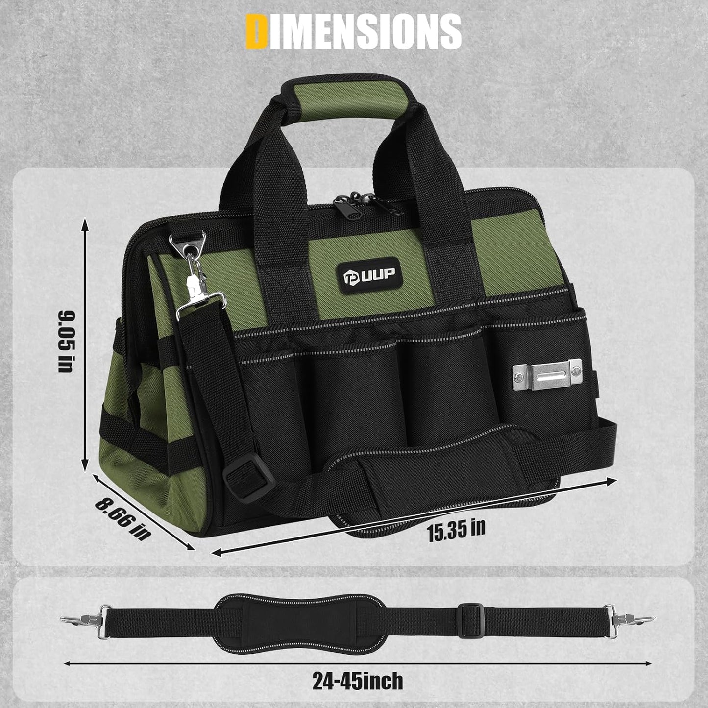UUP Heavy Duty Tool Bag - 15-Inch 16-Pocket Organizer | Portable Storage with Soft Handle - Green