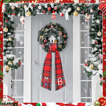 Regine Switzerland Christmas Wreath Sash - Red Plaid Nutcracker Monogram Satin Decor | 2 Pcs