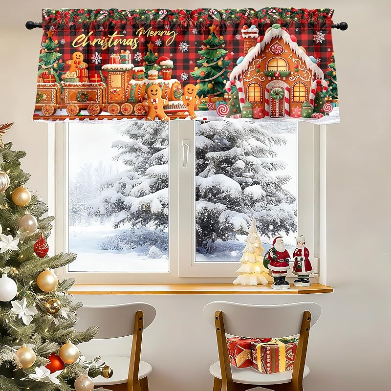 Gingerbread 2-Pack Christmas Valance Curtain 51x18 in - Peachskin Velvet, Rod Pocket