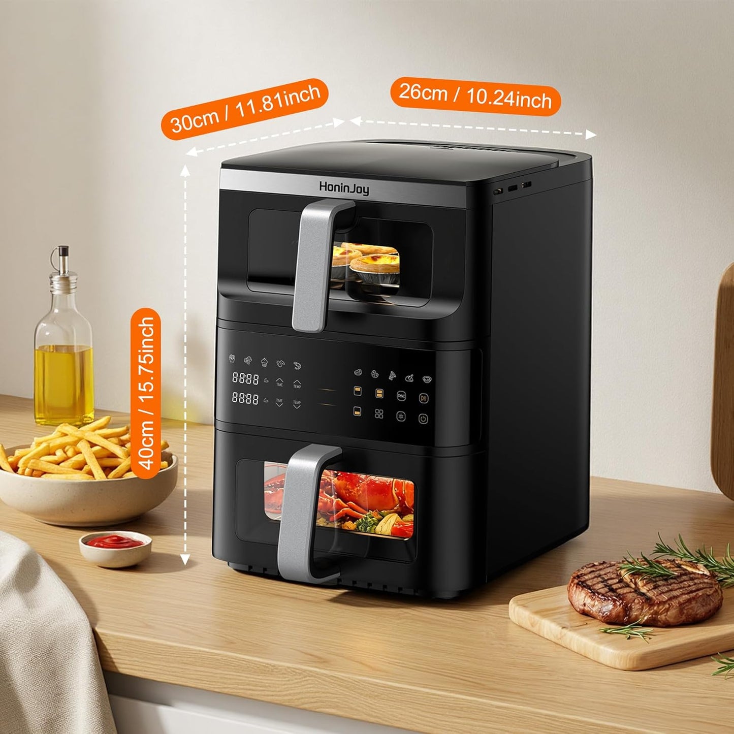Skiennix 13QT Dual-Basket Air Fryer - Compact Vertical Design with Viewing Window & 10-in-1 Presets