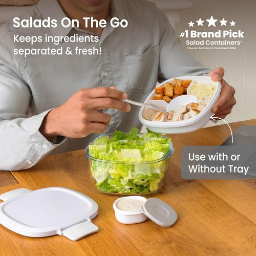 Bentgo Glass Salad Container - 7.6-Cup Leak-Proof Bowl with Airtight Lid & 4-Compartment Tray | BPA-Free, Reusable Fork (White)