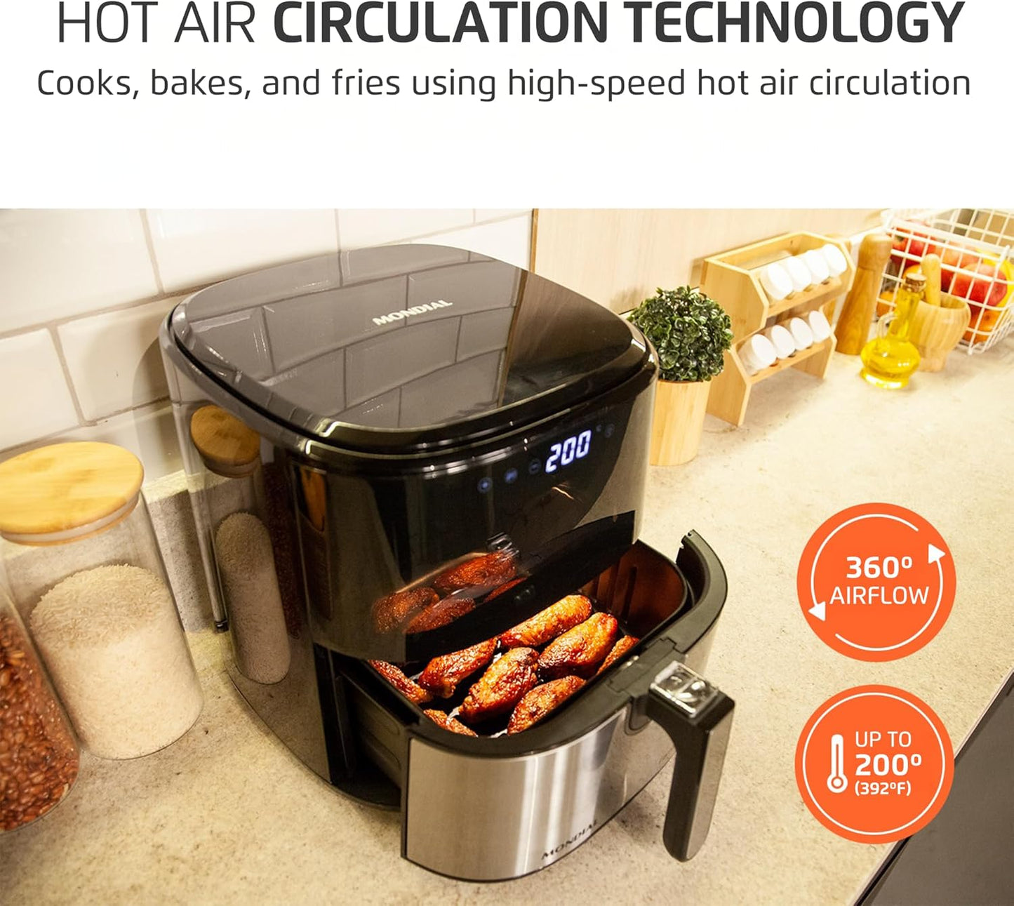 Mondial Air Fryer - Digital 5.3QT Capacity with High Power & Elegant Stainless Steel Finish - Black/Inox