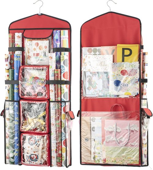 Christmas Wrapping Paper Organizer - Double-Sided Gift Bag Storage Holder | Red