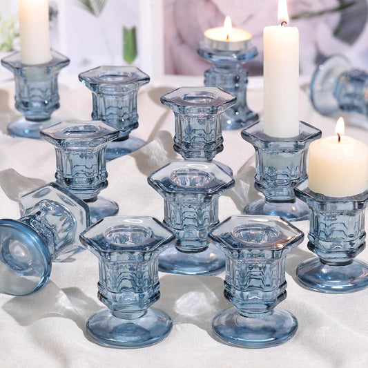 Regine Switzerland Blue Glass Candlestick Holders - 12 Pcs Crystal Taper Candle Holders for Weddings & Home Decor