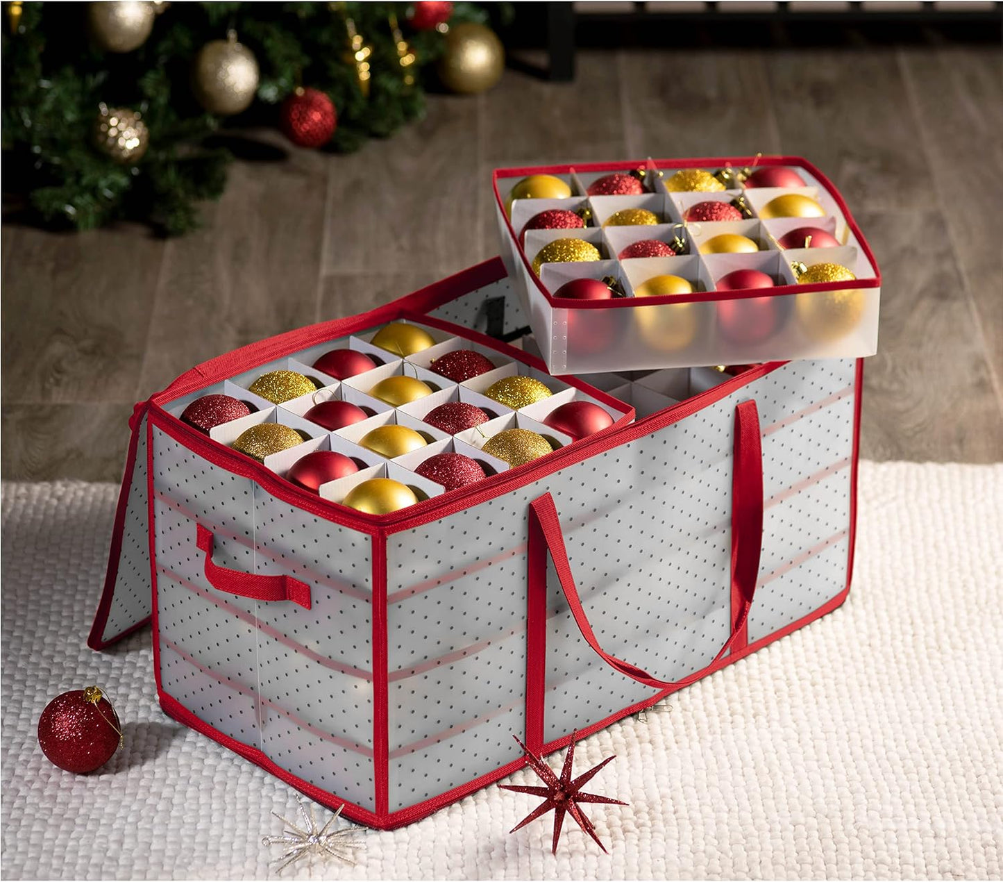 ZOBER Christmas Ornament Storage Box - Store 128 Ornaments with 2-Sided Zipper - Red (Pack of 2)