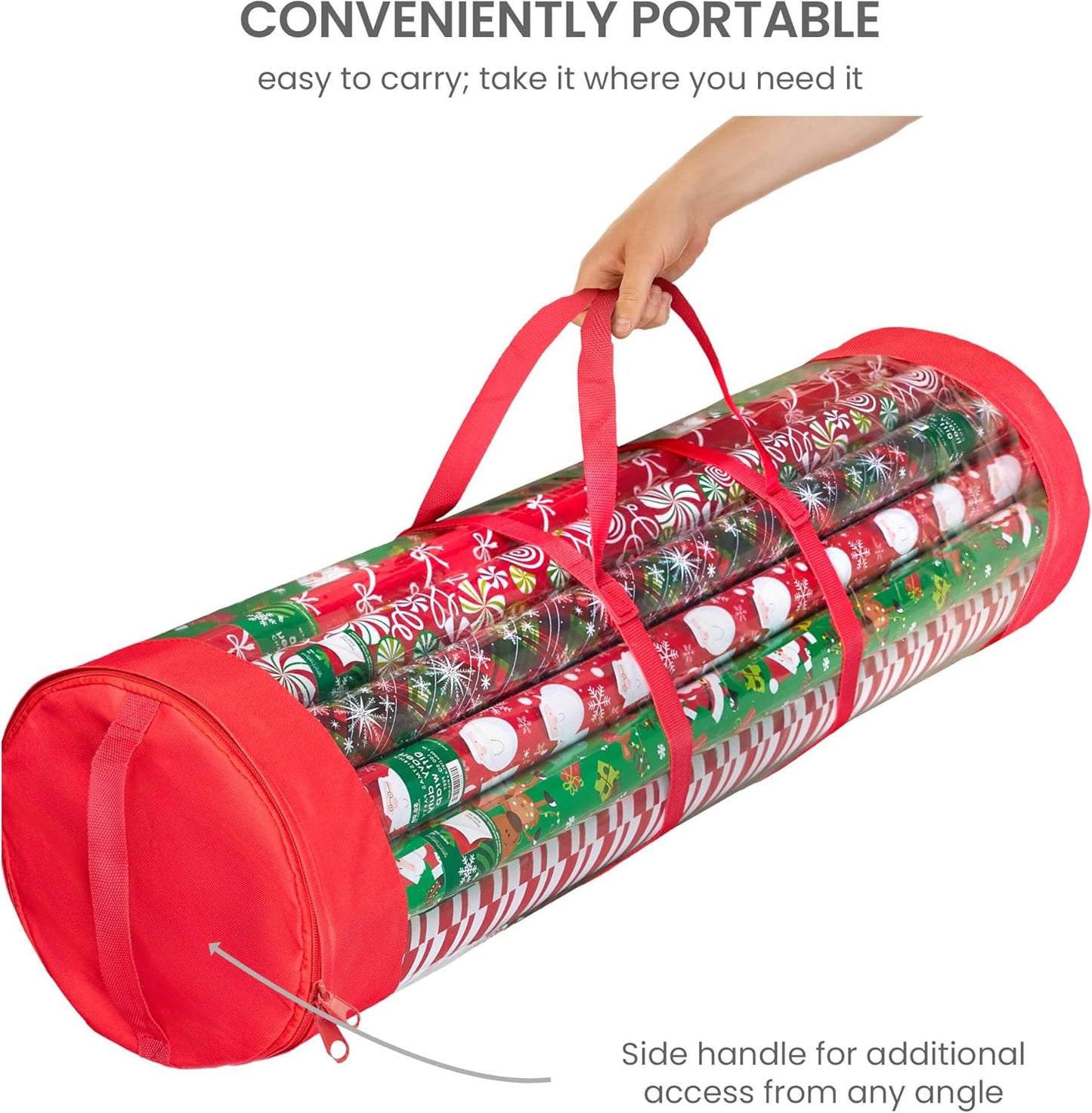 ZOBER Gift Wrap Storage Organizer - 40 Inch Round Wrapping Paper Holder | Durable Clear PVC & 600D Oxford Fabric - Fits 25 Rolls - Red