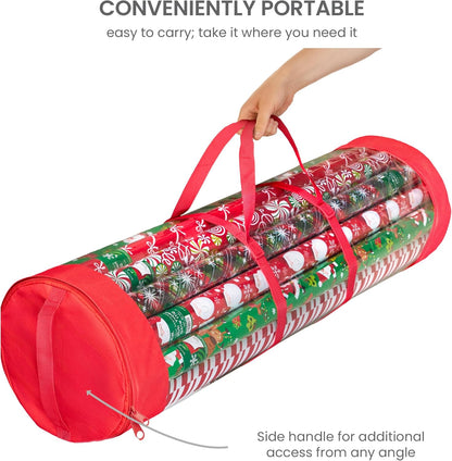 ZOBER Gift Wrap Storage Organizer - 40 Inch Round Wrapping Paper Holder | Durable Clear PVC & 600D Oxford Fabric - Fits 25 Rolls - Red