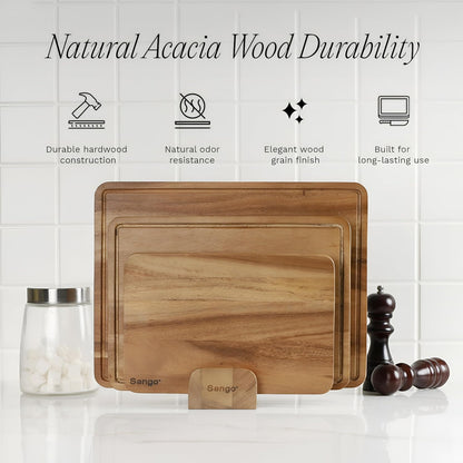 Sango Acacia Cutting Board Set - 3-Piece Wood Chopping Boards with Juice Grooves & Stand | Non-Toxic & Reversible