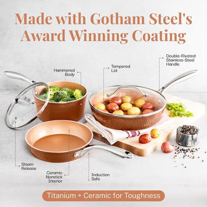GOTHAM STEEL Hammered Copper 12 Inch Non Stick Frying Pans with Lid, Frying Pans Nonstick with Lid, Non Toxic Ceramic Pan for Cooking, Nonstick Frying Pan, Induction Pan, Oven and Dishwasher Safe