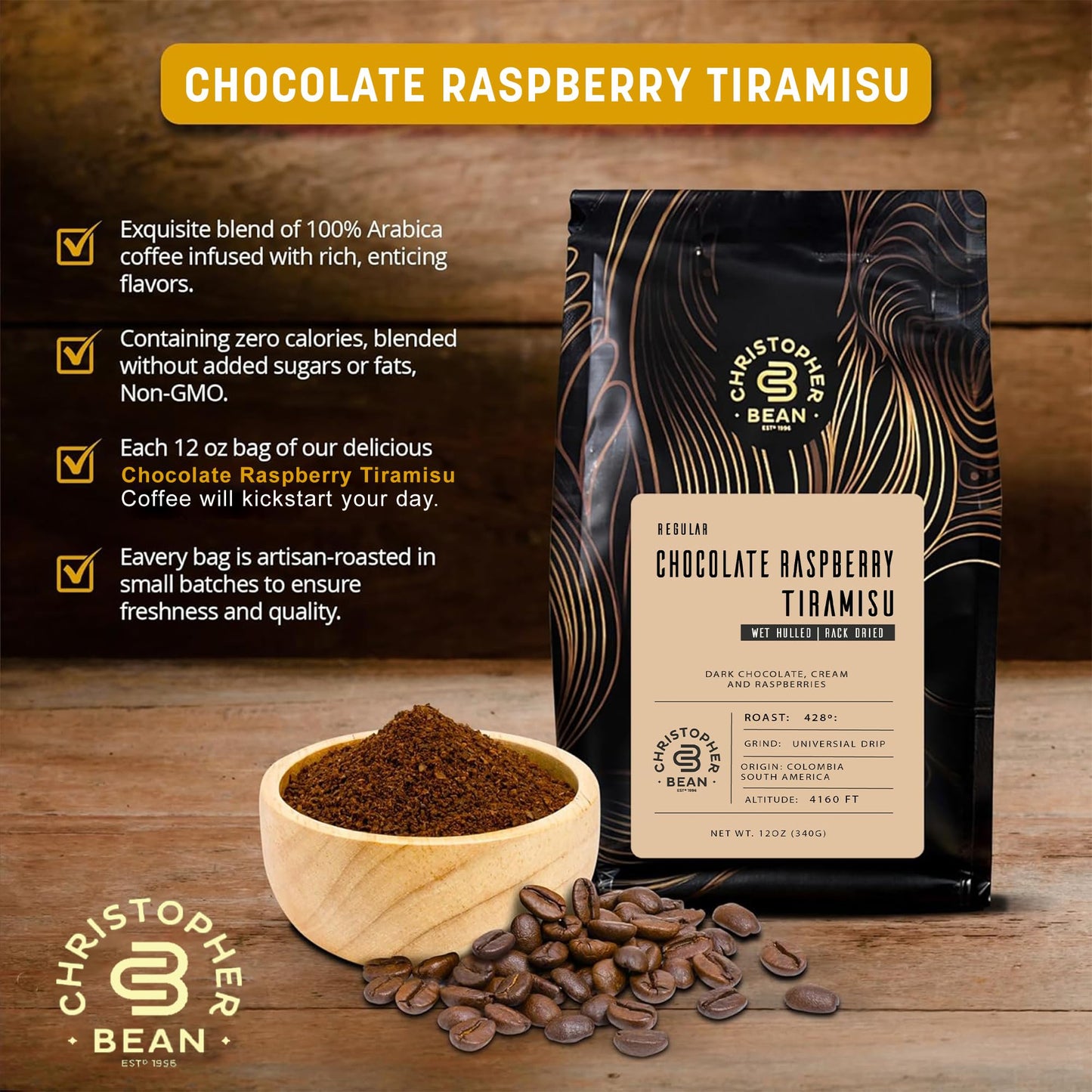 Christopher Bean Coffee - Chocolate Raspberry Tiramisu Flavored Coffee, (Regular Ground) 100% Arabica, No Sugar, No Fats, Made with Non-GMO Flavorings, 12-Ounce Bag of Regular Ground coffee