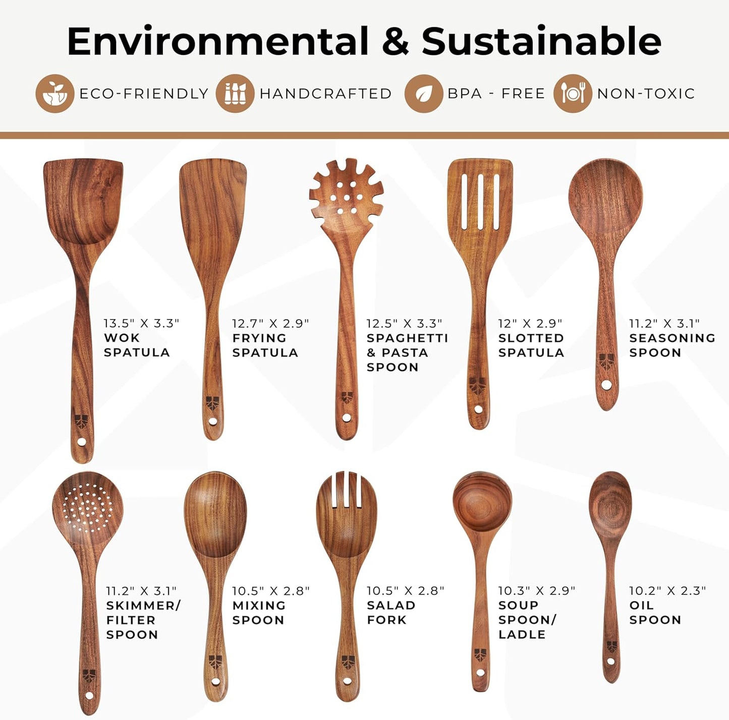 Skiennix Wooden Spoons - 10 Pc Teak Utensil Set, Durable, Nonstick & Heat Resistant with Ergonomic Handles