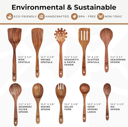 Skiennix Wooden Spoons - 10 Pc Teak Utensil Set, Durable, Nonstick & Heat Resistant with Ergonomic Handles