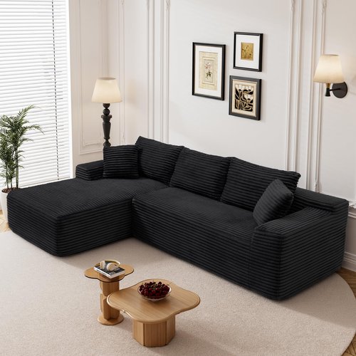 Repantes 95" L Shaped Boneless Sectional Couches, Wide Armrest, Deep Seat, Memory Foam, Assembly Free, Modern Comfy Corduroy Fluffy Cloud Sofa with Left Chaise for Living Room, Small Spaces, Black