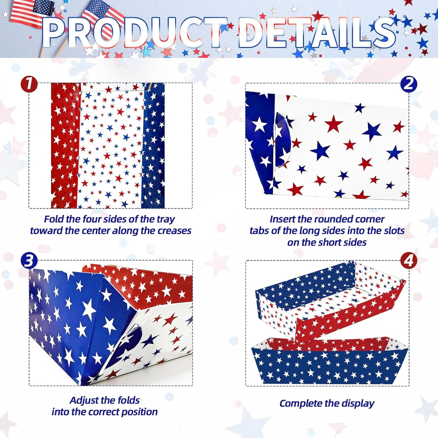 Red, White & Blue Star Food Trays by [Brand Name] - 30 Pack Disposable Paper Serving Boats for Snacks & Parties