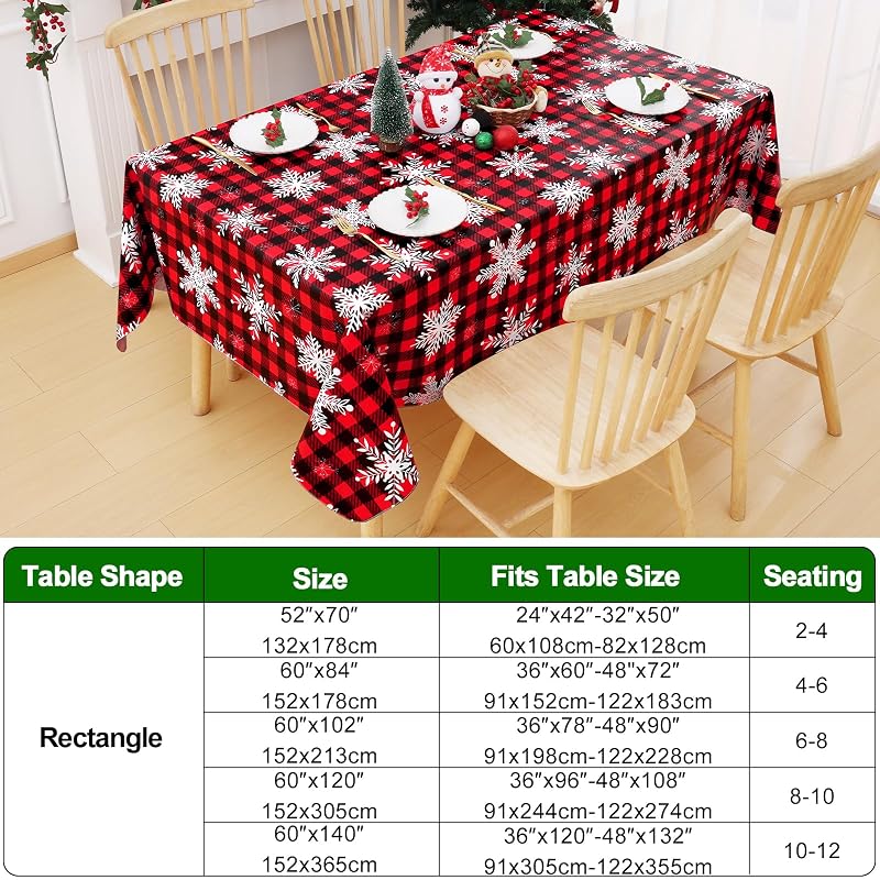 Smiry Waterproof Vinyl Tablecloth with Flannel Backing 60x102 Black & Red - Rectangular Snowflake Xmas