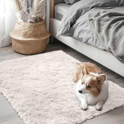 OLANLY Soft Fluffy Shaggy Bedside Rug - Machine Washable 2x3 Ivory Entryway Carpet for Kids & Nursery