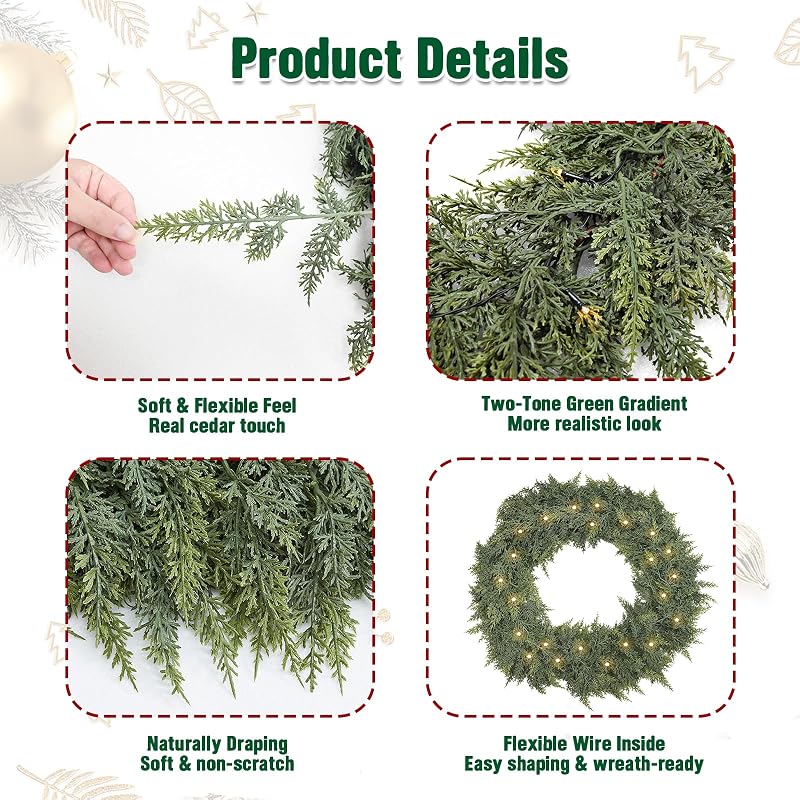 6FT 2PCS Extra Full Lighted Cedar Garland with LED Lights - 168 Branches, Realistic Two-Tone PE Foliage