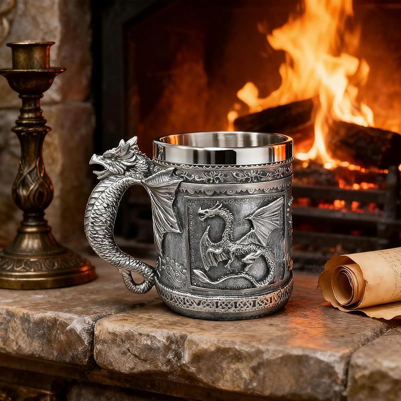 Silver Variation Medieval Roaring Dragon Beer Mug 16oz – Resin Exterior with Stainless Steel Lining