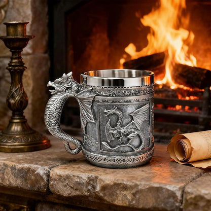 Silver Variation Medieval Roaring Dragon Beer Mug 16oz – Resin Exterior with Stainless Steel Lining