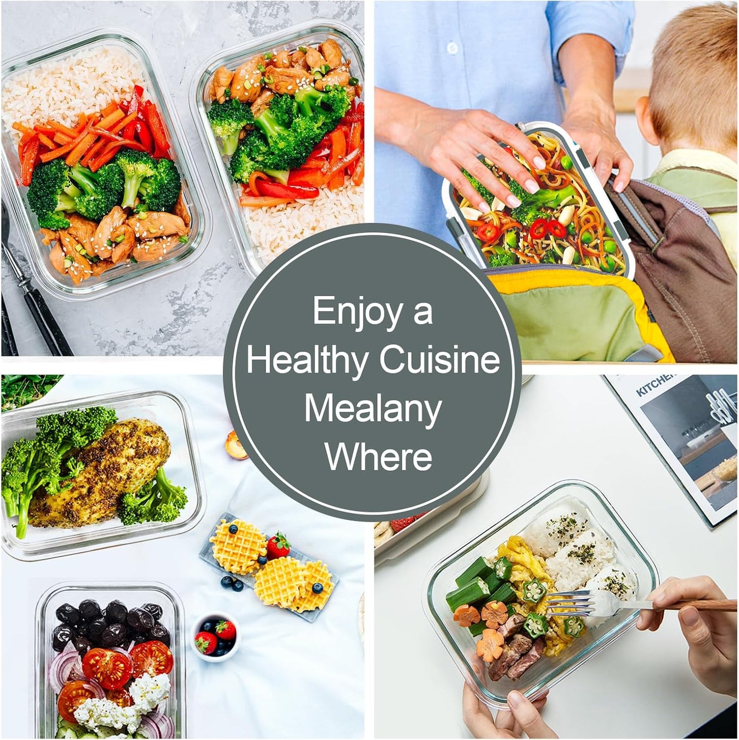VERONES 22 OZ Glass Meal Prep Containers - Airtight BPA-Free Lunch Set | 10 Pack, Microwave & Oven Safe, Grey