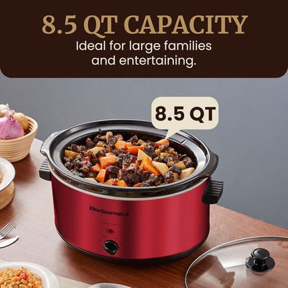 Elite Gourmet MST-900RXT Electric Ceramic Slow Cooker - 8.5Qt, Adjustable Temp, Dishwasher Safe, Metallic Red
