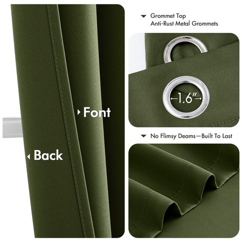 MIULEE Olive Green Blackout Curtains for Bedroom Living Room 63 Inches Long 2 Panels, Thermal Insulated Room Darkening Drapes Solid Grommet Top Noise Reducing Dark Green Window Treatments 40x63 Inch