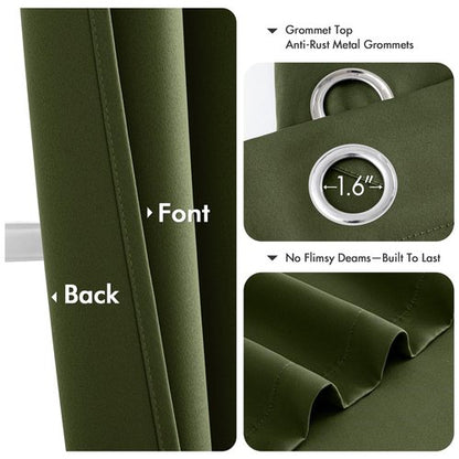 MIULEE Olive Green Blackout Curtains for Bedroom Living Room 63 Inches Long 2 Panels, Thermal Insulated Room Darkening Drapes Solid Grommet Top Noise Reducing Dark Green Window Treatments 40x63 Inch