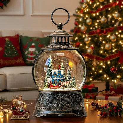 Regine Switzerland Christmas Snow Globe - Musical Water Lantern with Carriage & Blue Church | 6-Hour Timer, USB/Battery Operated for Festive Decor