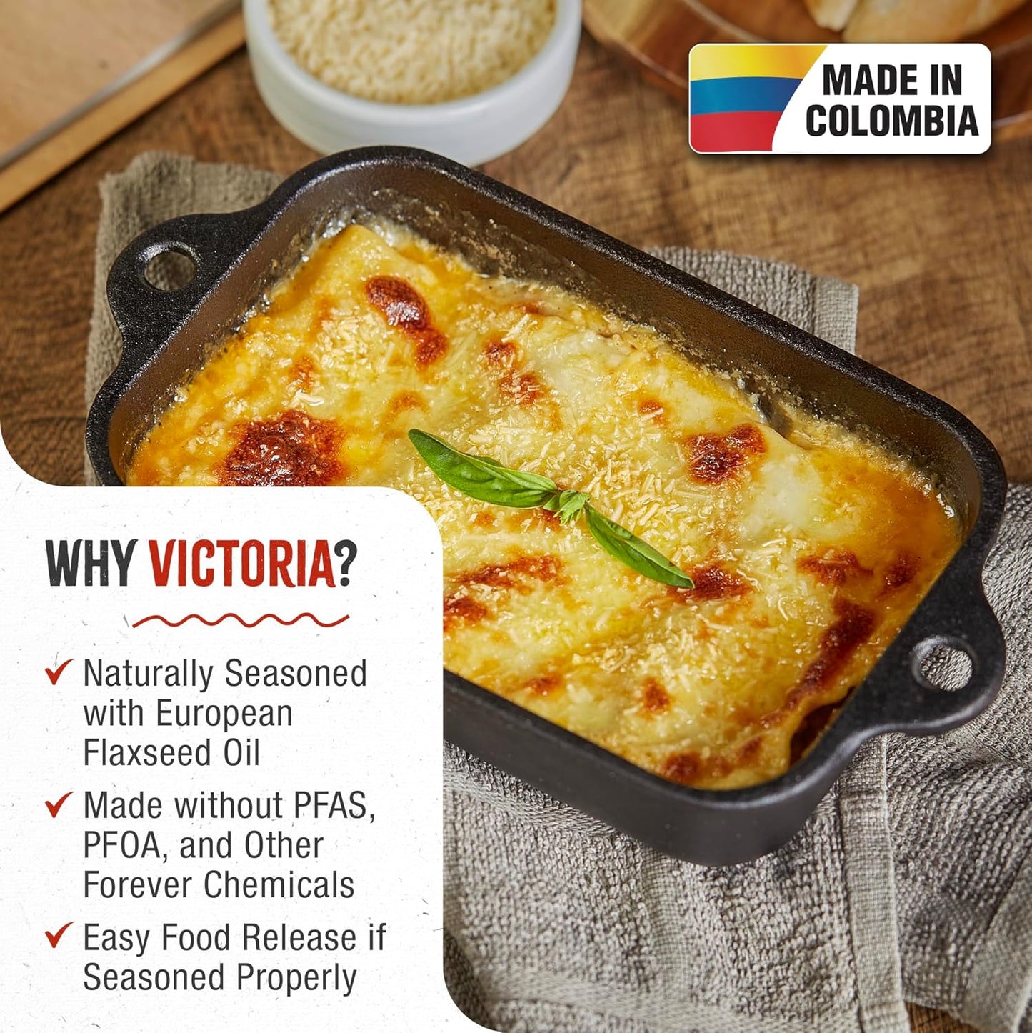 Victoria | Mini Lasagna Pan - Preseasoned Cast Iron Roaster for Casseroles & Sides, Made in Colombia