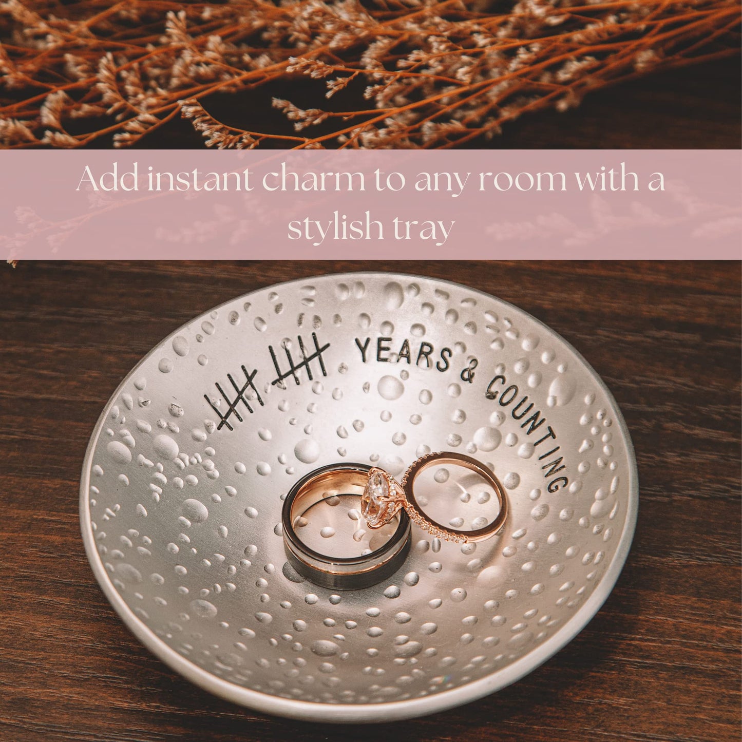 PureRejuva 10th Anniversary Tin Gifts - 4 In. Engraved Aluminum Wedding Ring Holder Dish & Gift Box - 10 Year Anniversary for Him & Her Textured Style