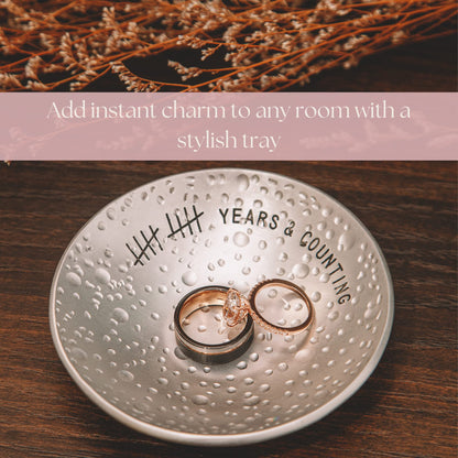 PureRejuva 10th Anniversary Tin Gifts - 4 In. Engraved Aluminum Wedding Ring Holder Dish & Gift Box - 10 Year Anniversary for Him & Her Textured Style
