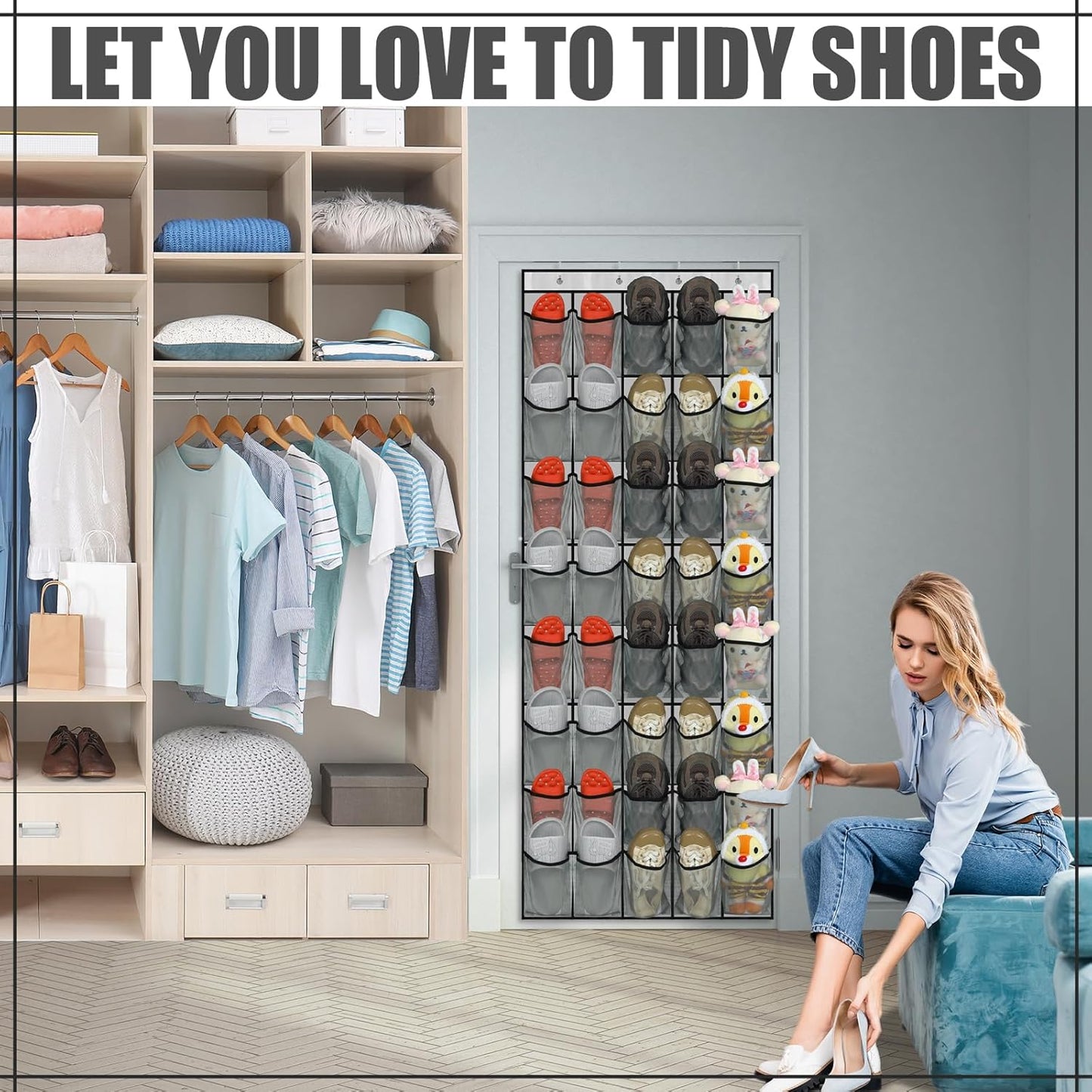 Windyun Over The Door Shoe Organizer - Large Capacity Gray Mesh Pocket Rack for Dorm, Closet & Entryway