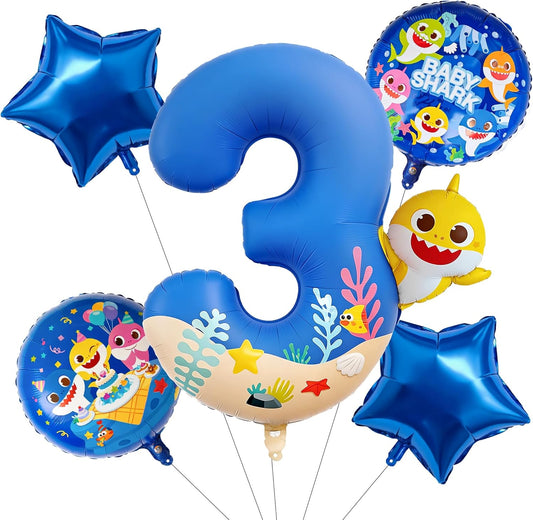 PartyWoo Baby Shark Blue Foil Number 3 Balloon - 5pcs 18-Inch Round Mylar Helium Birthday Decorations for Kids