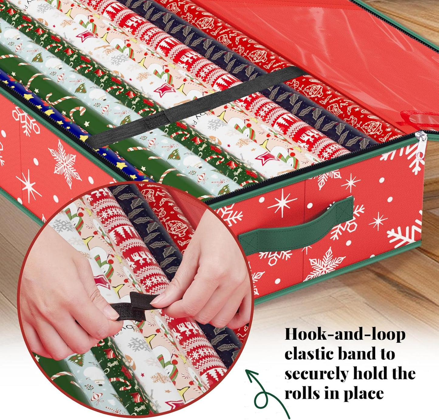 StorageRight Wrapping Paper Organizer - Holiday Gift Wrap Storage Box for Snowflake/Red Ornaments