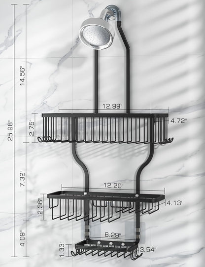 YASONIC Shower Caddy - Large Rust-Proof Aluminum Over Shower Head Organizer with 10 Hooks - Black
