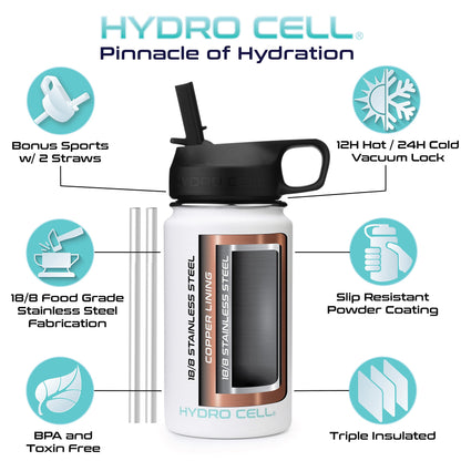 HYDRO CELL Stainless Steel Sport Water Bottle with Straw - Keeps Drinks Cold & Hot via a Leak Proof Metal Triple Insulated Vacuum Flask for All Sports and Outdoors Activities (White 14oz)