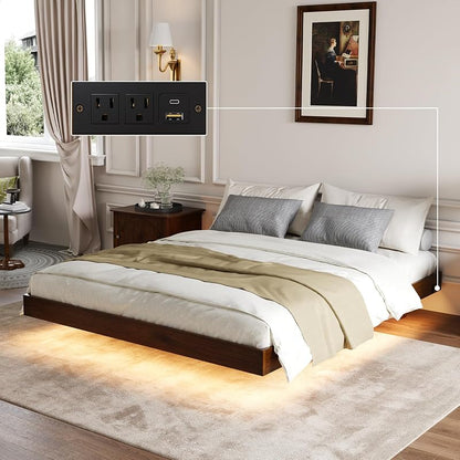 Novilla Walnut Finish Floating Queen Bed Frame with Motion Sensor LED Light & USB-C Power Station