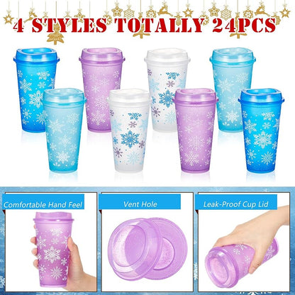 24 Pcs Christmas Reusable Coffee Cups with Lids, 16 oz - Snowflake Style (Variation of THIS listing: 24+Snowflake Style)