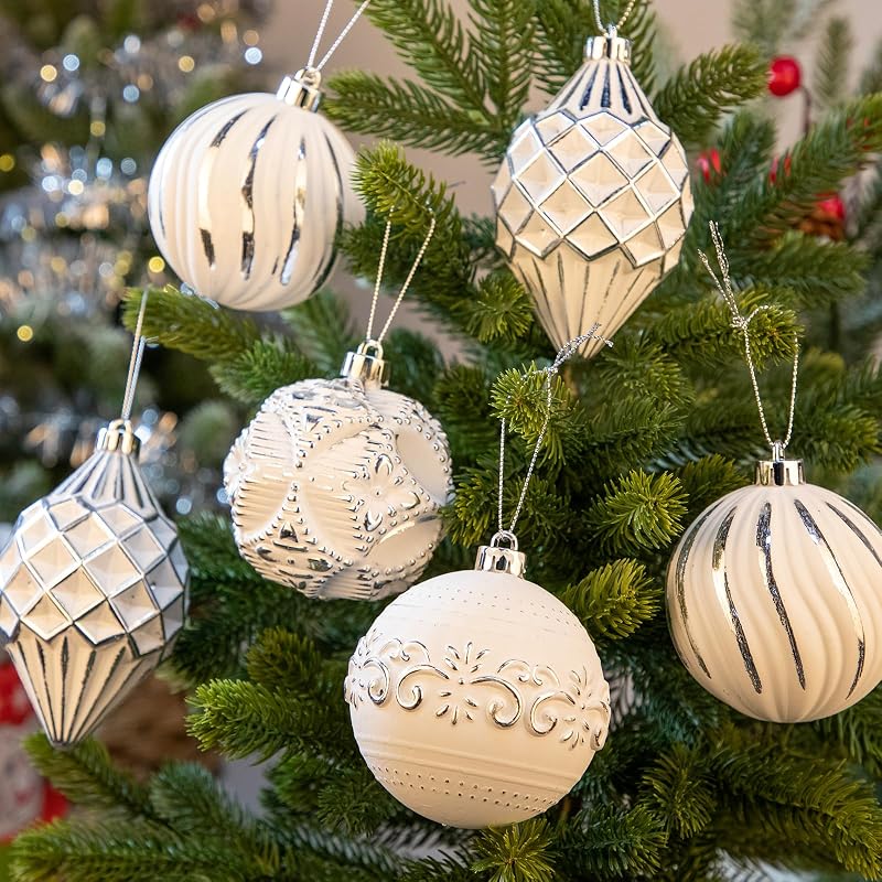 White Variation 16Pcs Shatterproof Christmas Ornament Set - Hand-Painted Assorted Sizes & Designs