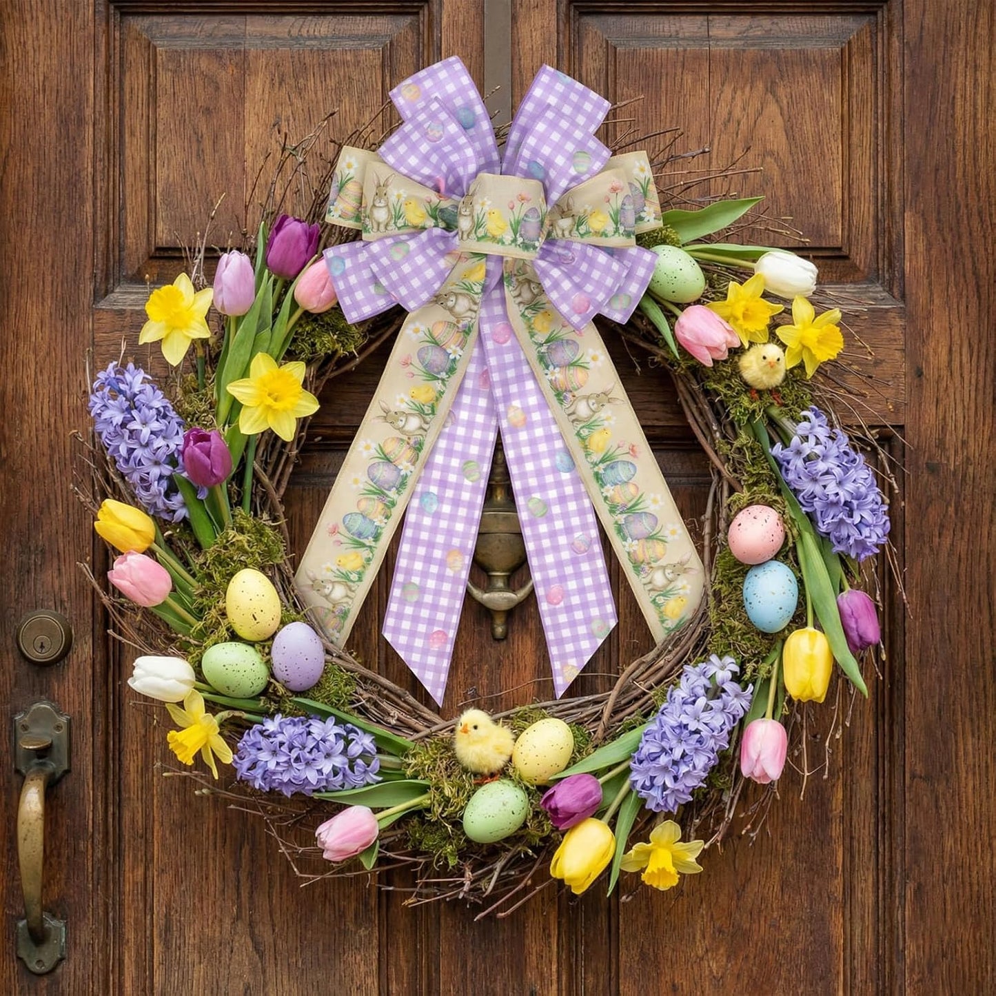 Purple Gingham Easter Bunny Wreath Bow - 21 Inch Large Wired Ribbon for Front Door & Spring Decor