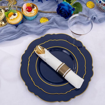 Liacere Navy Blue Plastic Plates - 350PCS Disposable Dinnerware Set for 50 Guests | Includes Napkins & Silverware