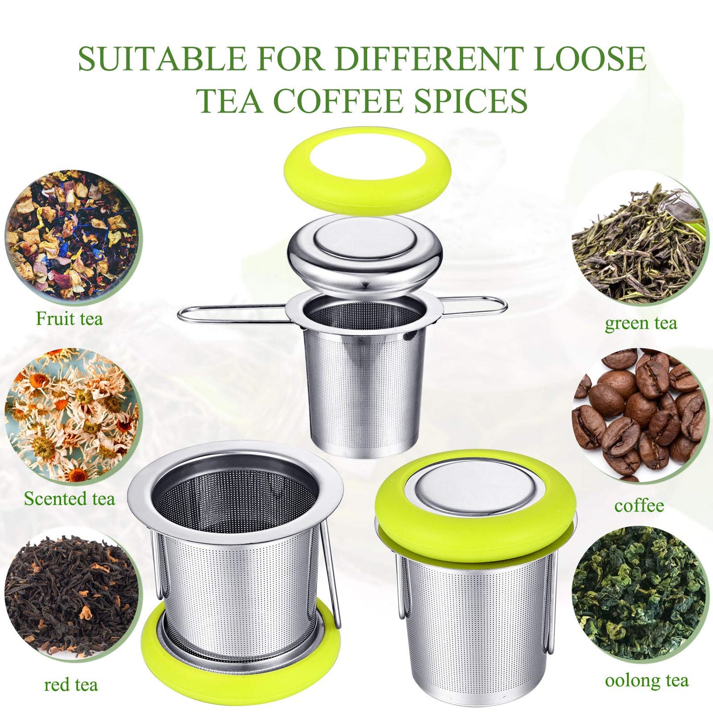 2 Pieces Tea Infusers with Tea Scoop Stainless Steel Tea Strainer Folding Handle Tea Filter Fine Mesh Strainer Brewing Basket with Silicone Lid for Loose Leaf Tea