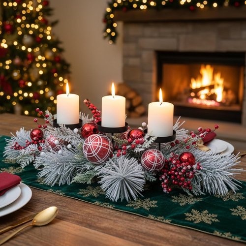 Christmas Candle Holder Centerpiece - Red Ornaments & Berries with Frosted Pine Branches | Holiday Table Decoration
