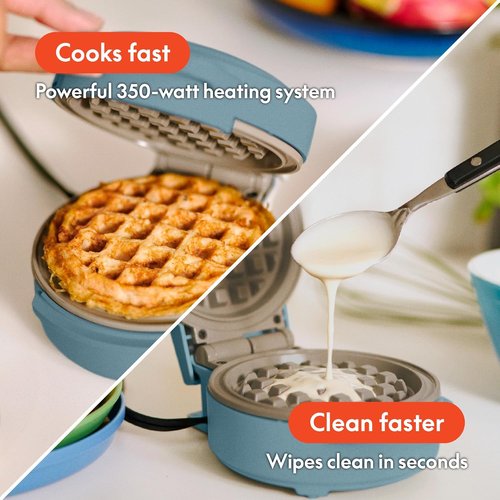 Bella Snack-N-Store Mini Waffle Maker - EverGood™ Ceramic Nonstick, Stackable Design, 350 Watts, Surf Color