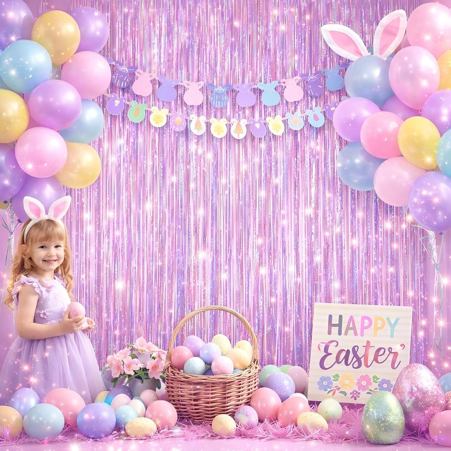 Melsan Easter Decorations - 3 Pack Pinkish Purple Tinsel Fringe Curtain Backdrop | 3.2 x 8.2 ft Sparkling Metallic Party Decor