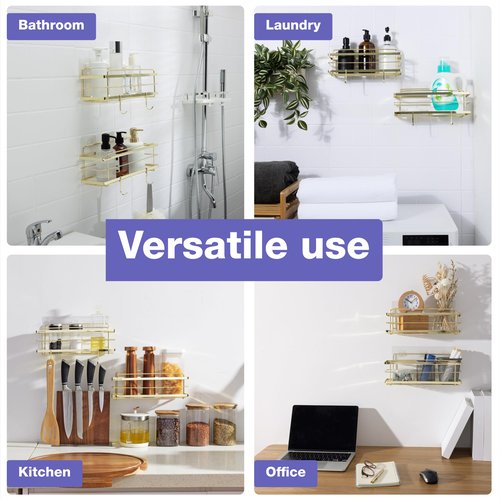 KINCMAX Premium Shower Caddy - 2-Pack Adhesive Organizer - No Drill Bathroom Shelves - Rustproof Stainless Steel for Inside Shower Shampoo Holder Storage Rack - Gold