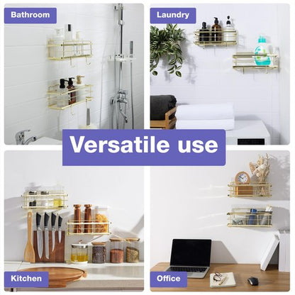 KINCMAX Premium Shower Caddy - 2-Pack Adhesive Organizer - No Drill Bathroom Shelves - Rustproof Stainless Steel for Inside Shower Shampoo Holder Storage Rack - Gold