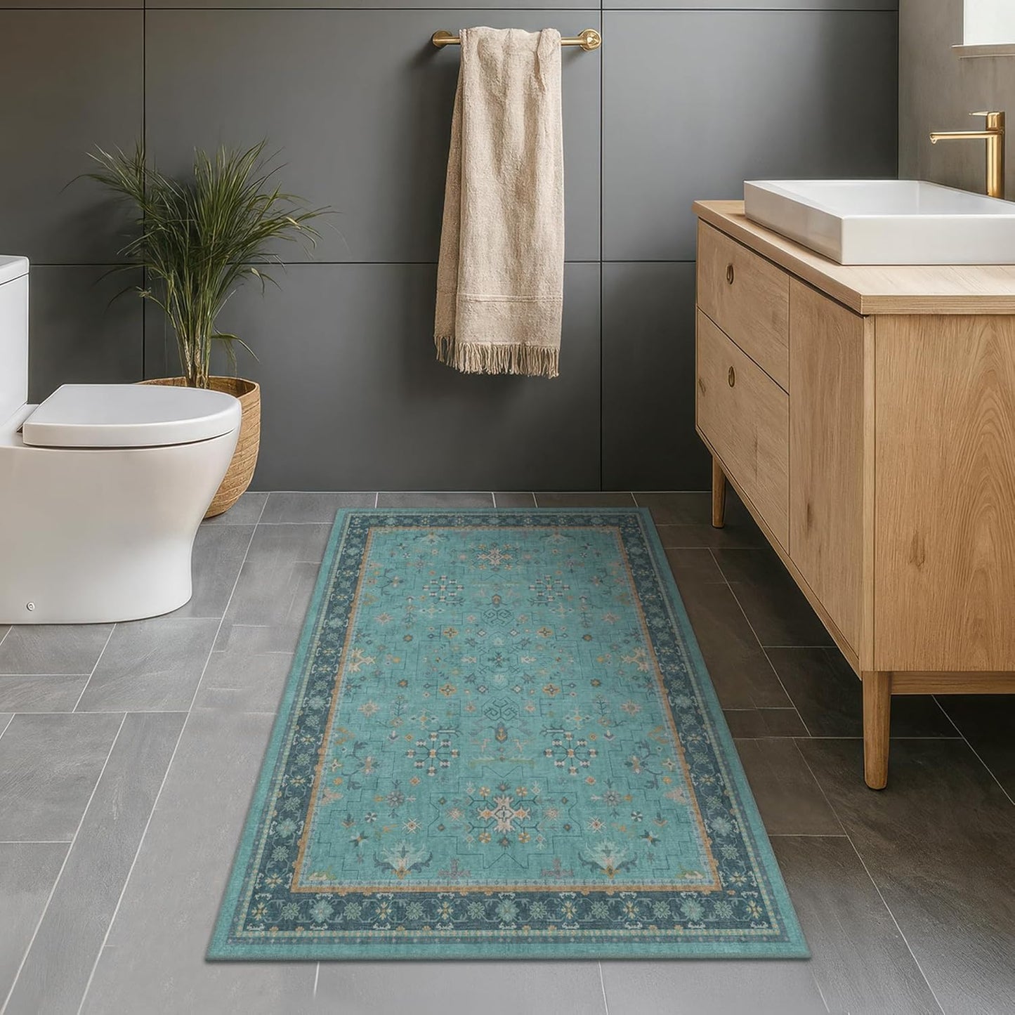Skiennix Teal Area Rug - Washable Non-Skid Design for Entryway, Kitchen, Bathroom | Boho Geometric 3x4 ft