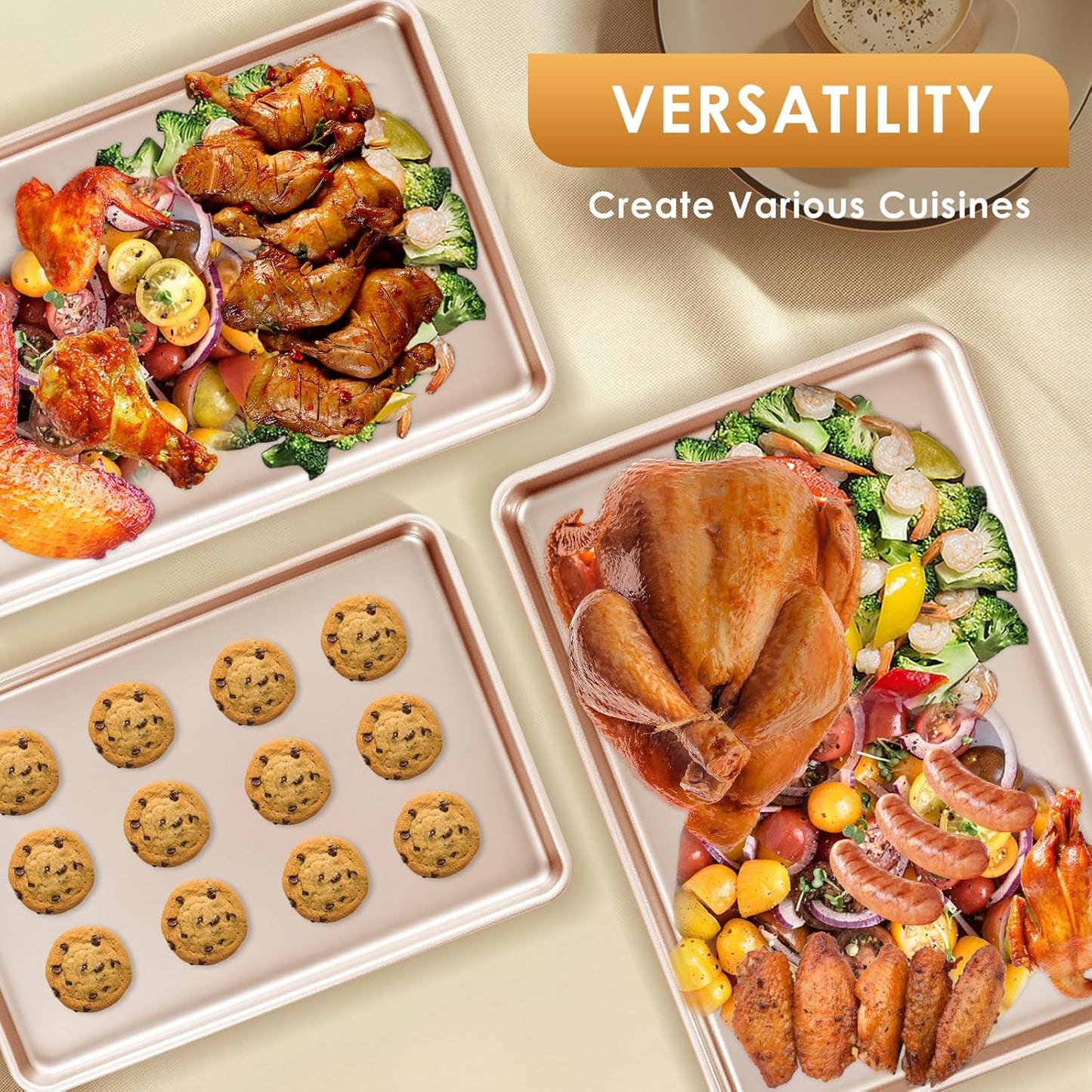 Skiennix Baking Sheet Pan Set of 3 - Nonstick Heavy Duty Cookie Sheets | Easy Clean Rose Gold