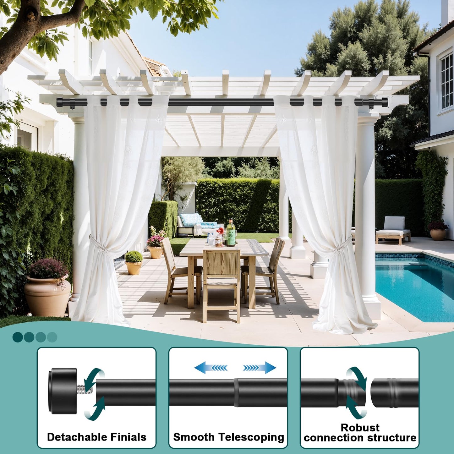 Treije Curtain Rods 18-60 Inch, 1" Heavy Duty Adjustable Curtain Rod for Windows, Black Window Treatment Rod, Modern Design, Easy Installation